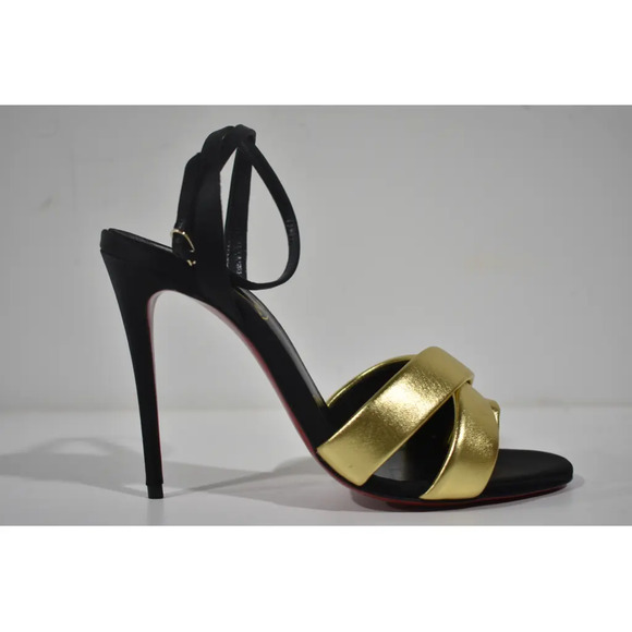 Christian Louboutin Just Me 100 Black Gold Sandal Ankle Strap Open Heel Pump 39 - Picture 2 of 11